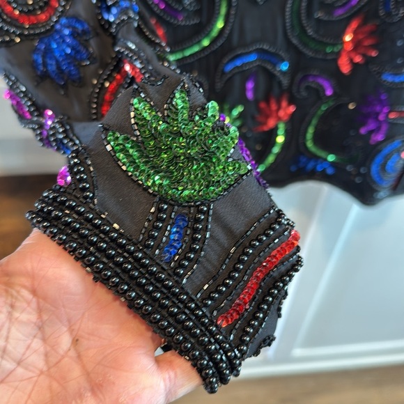 Vintage 80s Silk Sequin Beaded Long Sleeve ART DECO Jacket small India by Carina - Picture 8 of 15